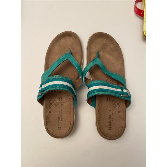 NATURALIZER N5 Comfort Slip on Sandal Teal Leather Striped Canvas Strap 10N - Picture 2 of 9
